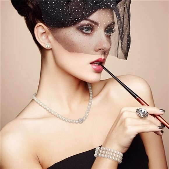 Pearl Rhinestone Jewelry Set for Women Pearl Necklace Bracelet Earrings set - Picture 2 of 6